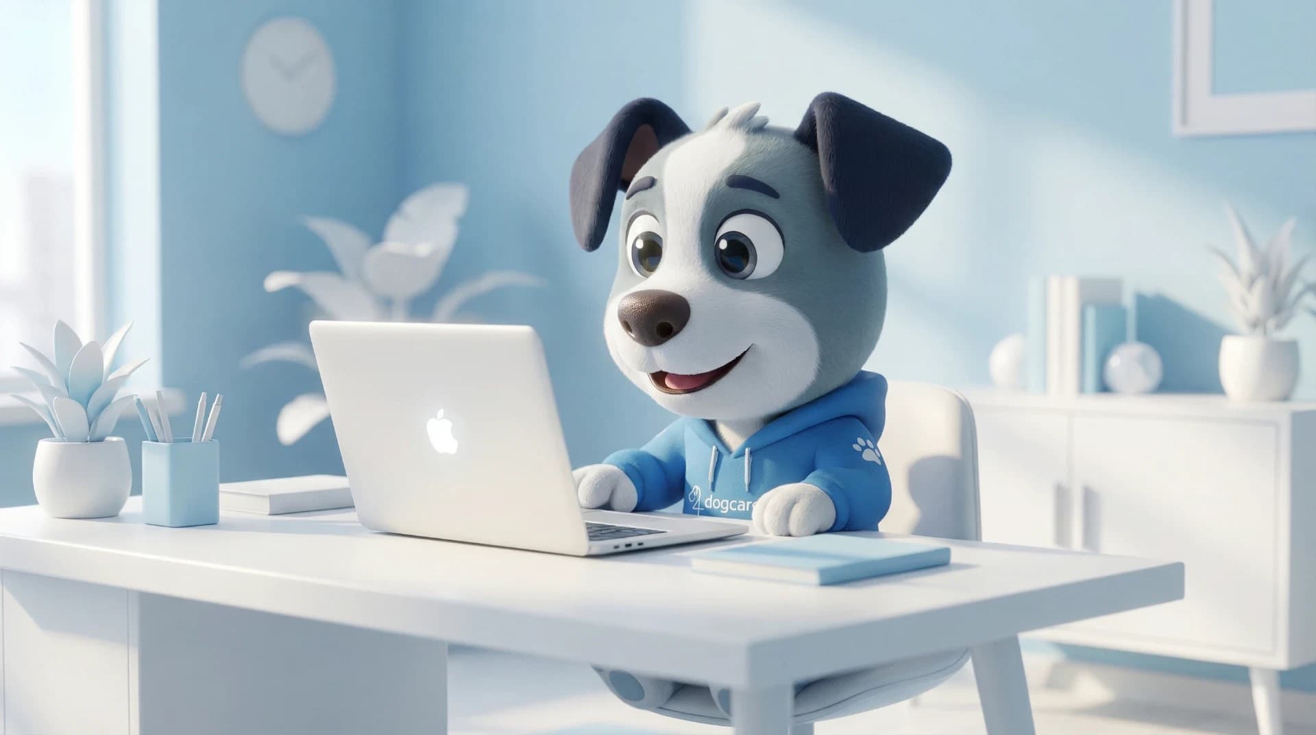 Balu, das Dogcare24-Maskottchen, berechnet am Laptop den Beitrag